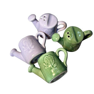 Watering Can Salt & Pepper Shakers Set of 4 Green Purple Ceramic Floral Retro St